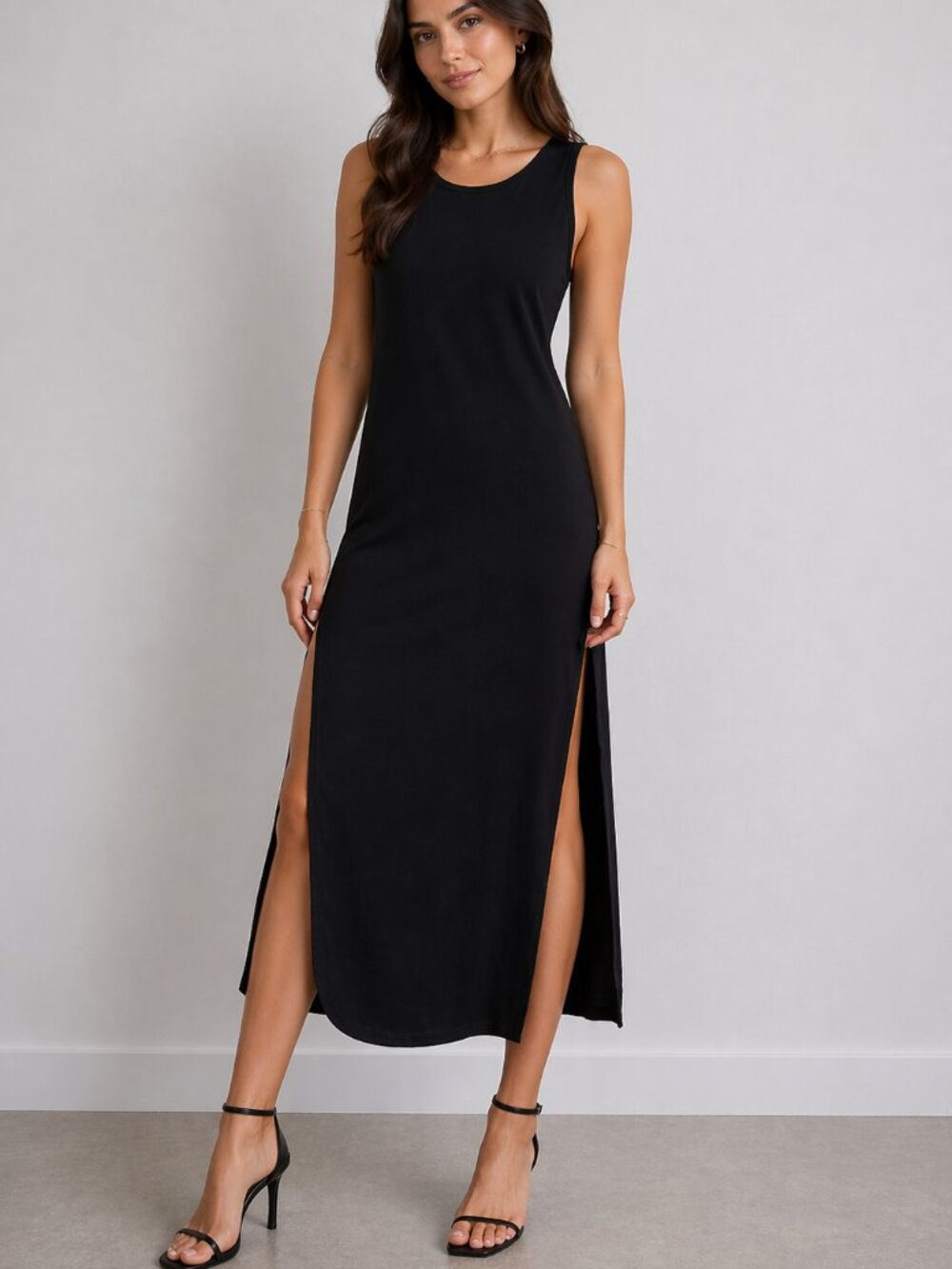 Neiman Marcus Black Midi Dress Womens M Sleeveless Scoop Neck Minimalist